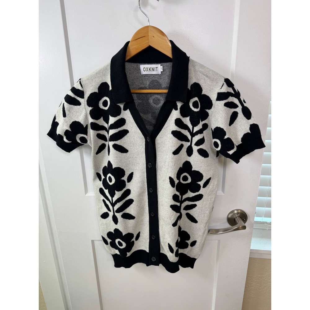 OXKNIT Floral Cardigan Sweater Womens Small Black White Short Sleeve Polo Collar